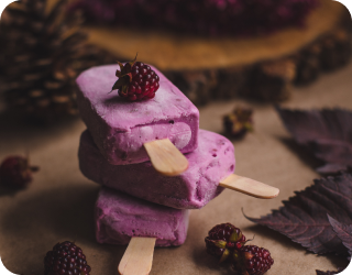 Ice cream of popsicle with blackberries and leaves around